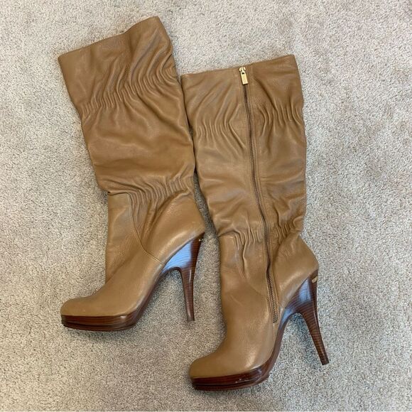 MICHAEL Kors camel brown leather high heel platform slouchy ruched boots Sz 10 - Picture 8 of 13
